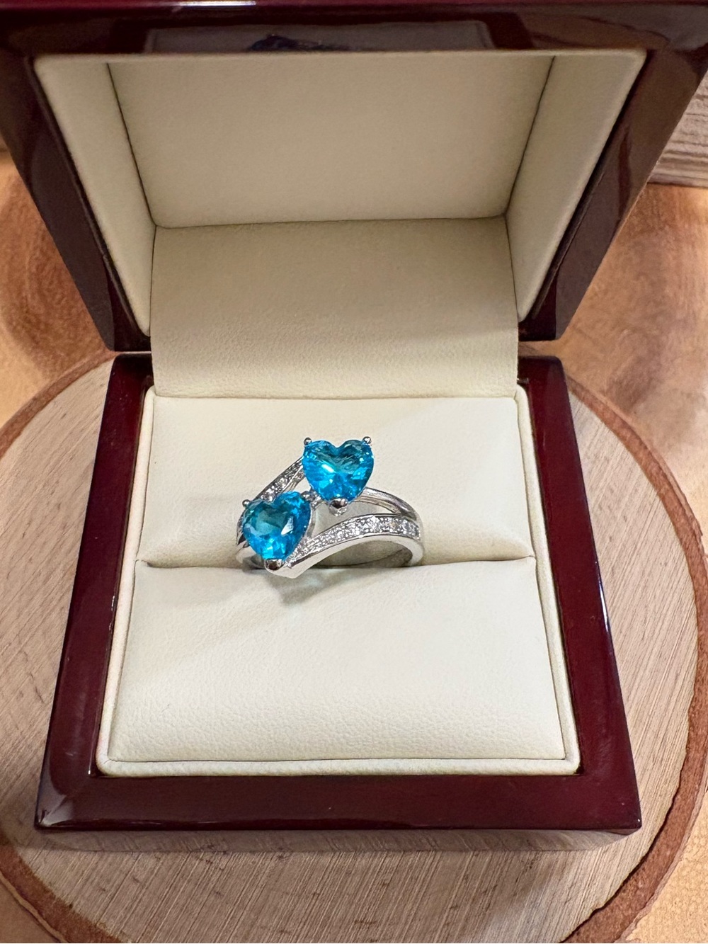 Vintage Silver Ring with Blue Heart Gemstones